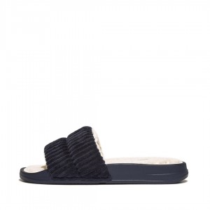 Fitflop Iqushion Corduroy Polyester Slides Badesandaler Dame Mørkeblå | DK-459176-MJB