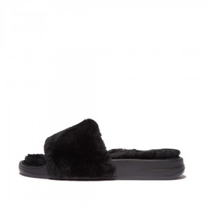 Fitflop Iqushion Shearling Slides Badesandaler Dame Sort | DK-967534-XHI