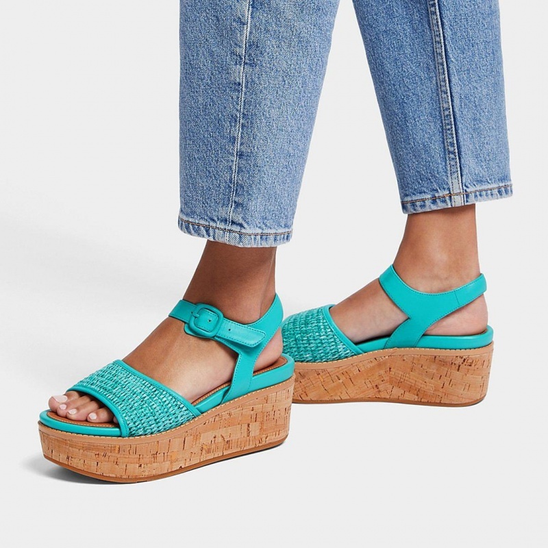 Fitflop Eloise Faux Raffia Back Páskové Kile Sandaler Dame Blå | DK-058793-RTK