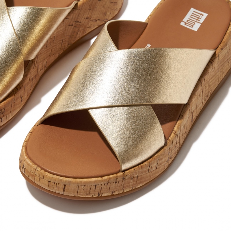 Fitflop F-Mode Metallic Cross Slides Badesandaler Dame Guld | DK-123406-SLW