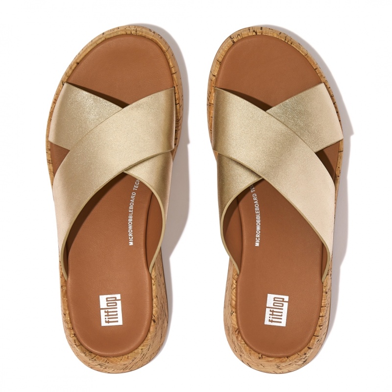 Fitflop F-Mode Metallic Cross Slides Badesandaler Dame Guld | DK-123406-SLW