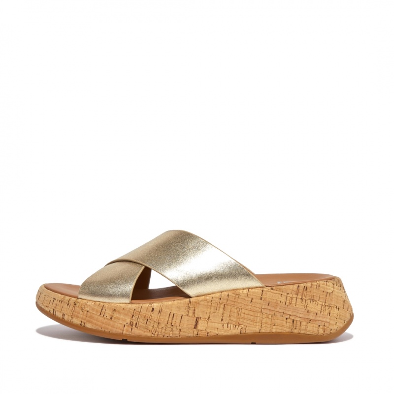 Fitflop F-Mode Metallic Cross Slides Badesandaler Dame Guld | DK-123406-SLW