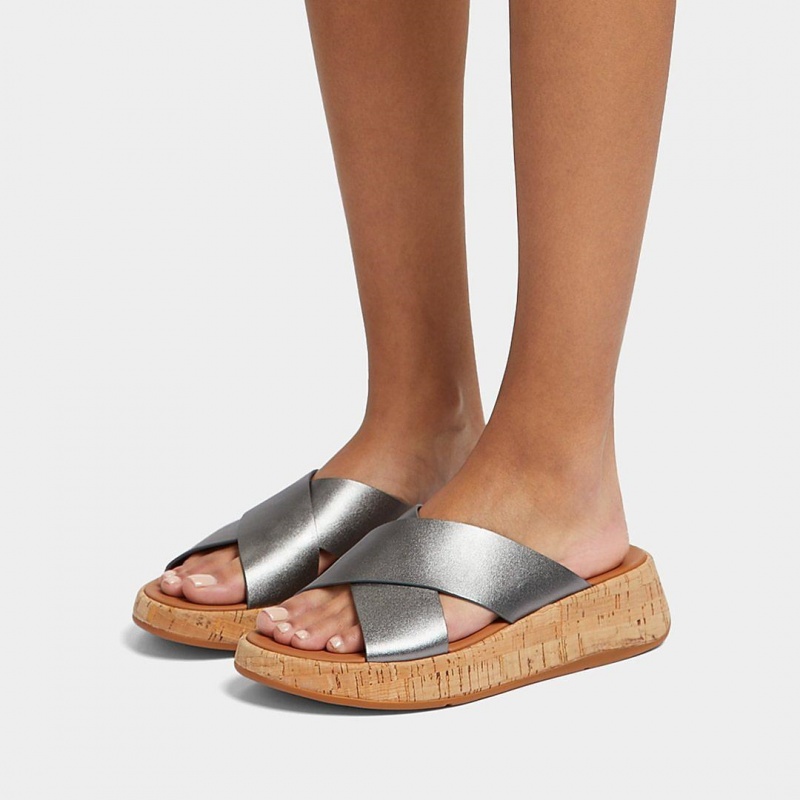 Fitflop F-Mode Metallic Cross Slides Badesandaler Dame Sølv | DK-237081-ISW