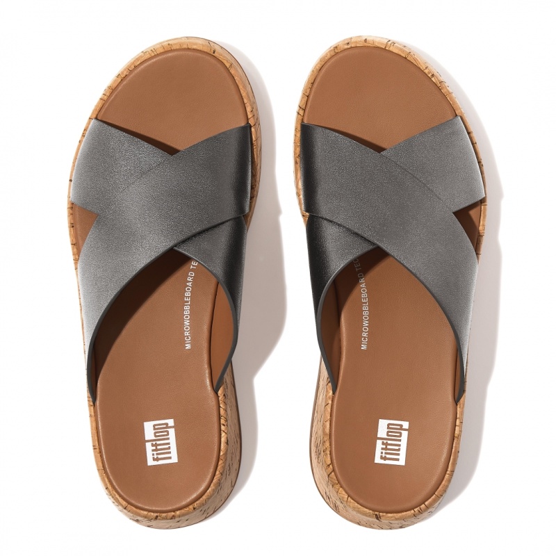 Fitflop F-Mode Metallic Cross Slides Badesandaler Dame Sølv | DK-237081-ISW