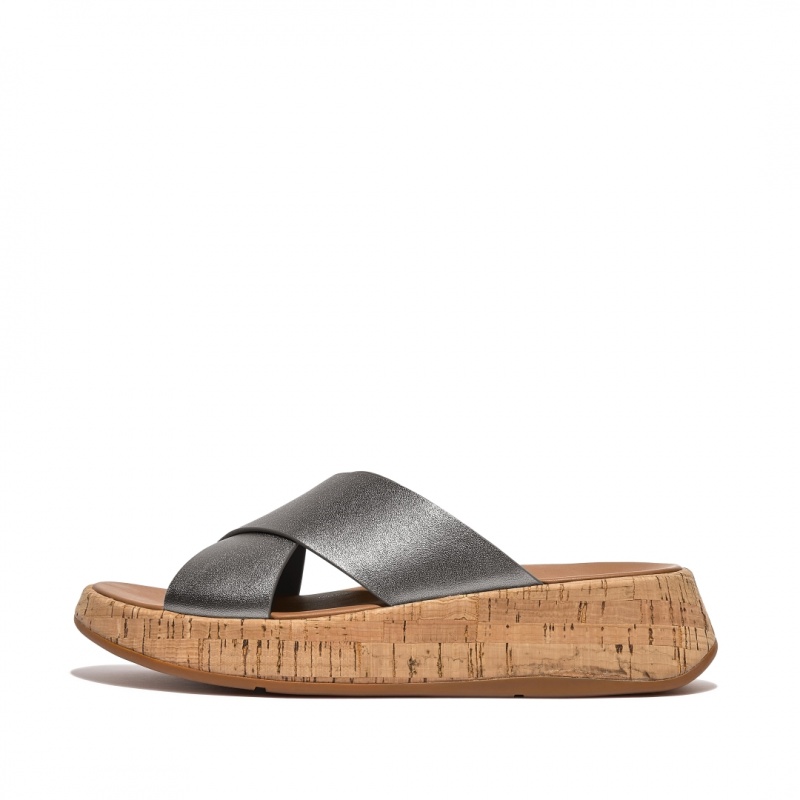 Fitflop F-Mode Metallic Cross Slides Badesandaler Dame Sølv | DK-237081-ISW