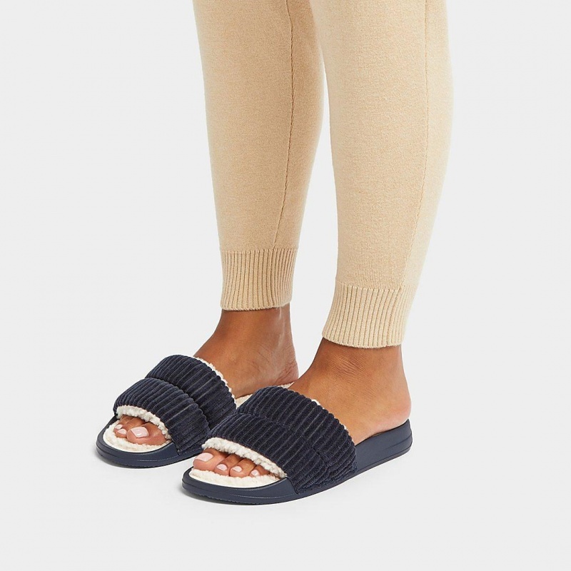 Fitflop Iqushion Corduroy Polyester Slides Badesandaler Dame Mørkeblå | DK-459176-MJB