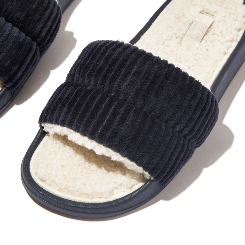 Fitflop Iqushion Corduroy Polyester Slides Badesandaler Dame Mørkeblå | DK-459176-MJB