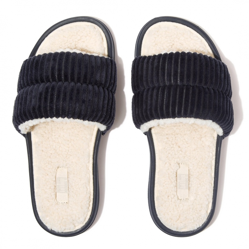 Fitflop Iqushion Corduroy Polyester Slides Badesandaler Dame Mørkeblå | DK-459176-MJB