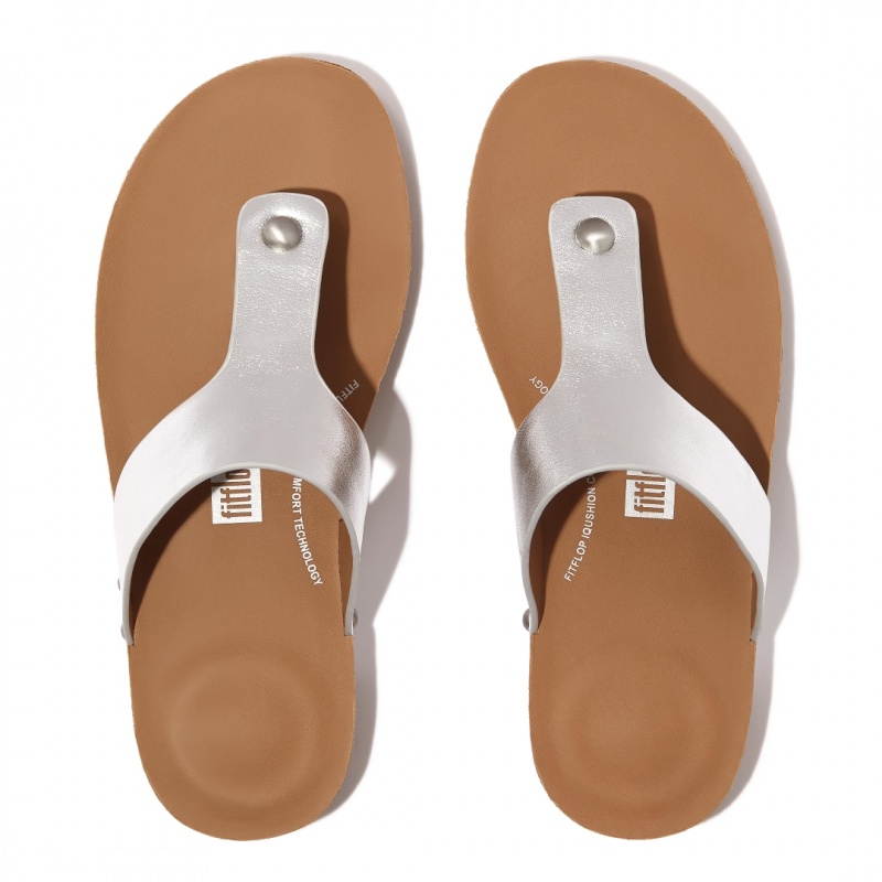 Fitflop Iqushion Læder Thongs Sandaler Med Tåstolpe Dame Sølv | DK-184675-BCH