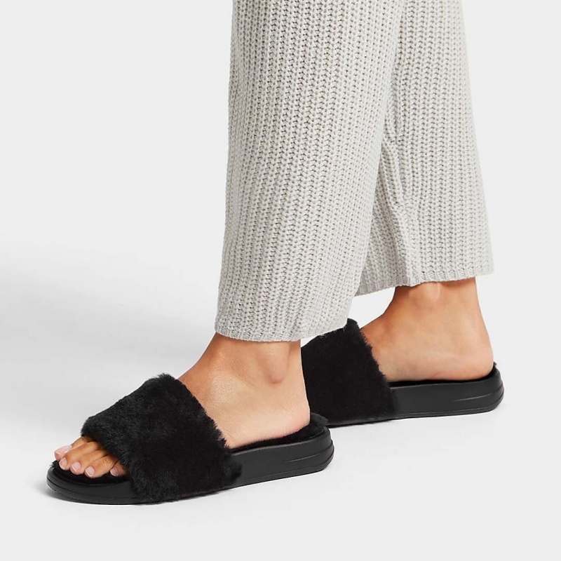 Fitflop Iqushion Shearling Slides Badesandaler Dame Sort | DK-967534-XHI