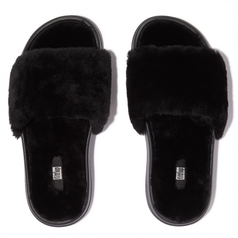 Fitflop Iqushion Shearling Slides Badesandaler Dame Sort | DK-967534-XHI