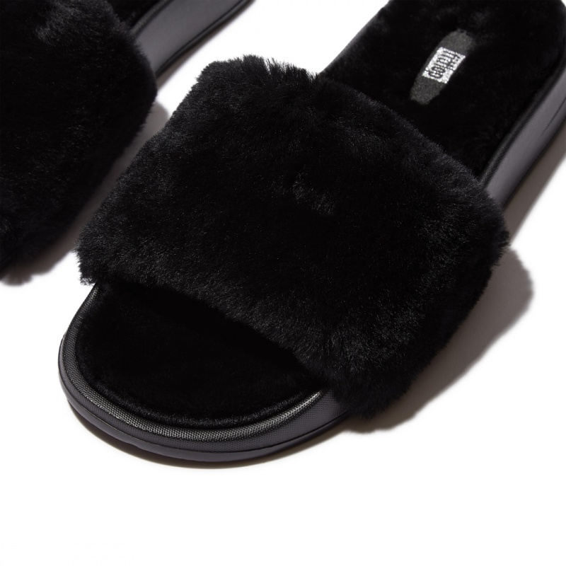 Fitflop Iqushion Shearling Slides Badesandaler Dame Sort | DK-967534-XHI